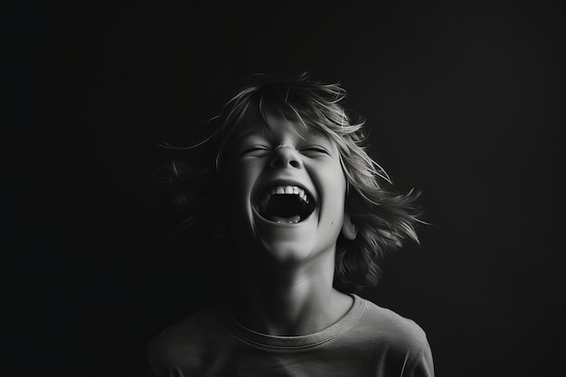 A boy laughing in dark background