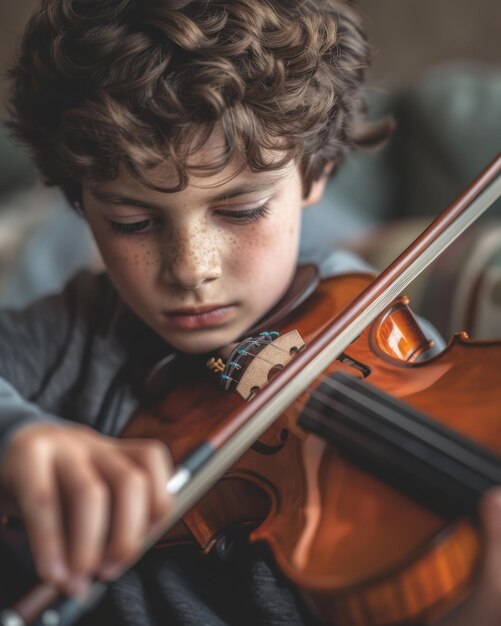 Boy learning to play violin focused expression Soft natural light music room interior Shot with Fujifilm XT4 56mm f12 lens closeup perspective ar 45 Job ID 16bba09438cc45b3ba00996ad2a1cc92