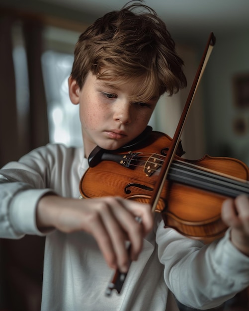 Boy learning to play violin focused expression Soft natural light music room interior Shot with Fujifilm XT4 56mm f12 lens closeup perspective ar 45 Job ID b87571c92dcc42dabe54424e97324593