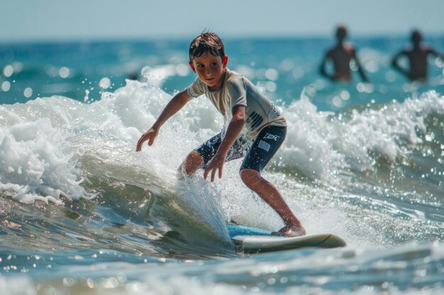 Photo a boy learning to surf