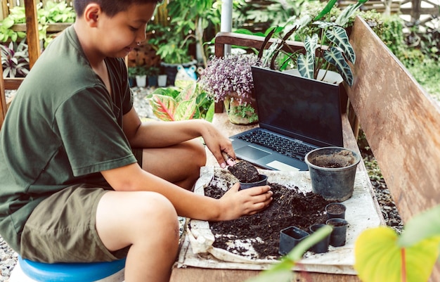 Boy learns to grow flowers in pots through online teaching shoveling soil into pots