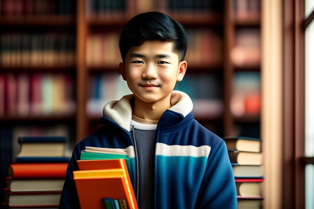 A boy in a library holding books