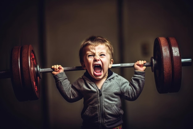 Boy lifts heavy weight barbell Generative AI