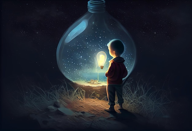 Boy looking the big bulb half buried in the ground against night sky with stars Generate Ai