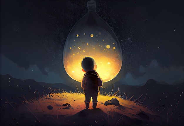 Boy looking the big bulb half buried in the ground against night sky with stars Generate Ai