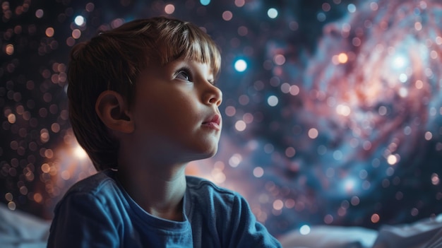 a boy looking at a fireworks display