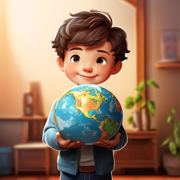 Boy looking interestedly at a globe