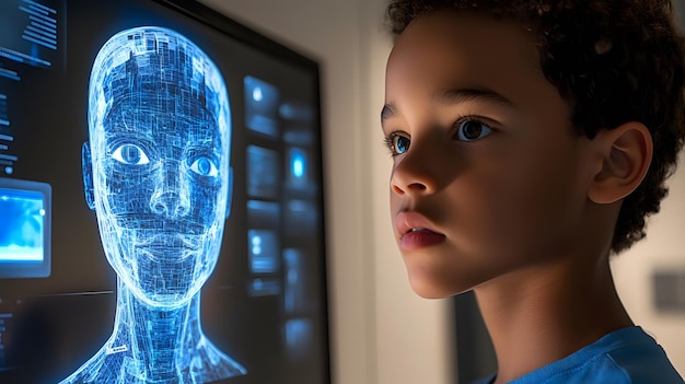 Photo a boy looking at a model of a human head