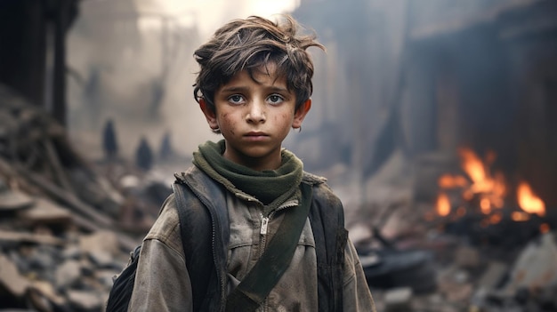 A boy looking sad after war destruction behind the war scene