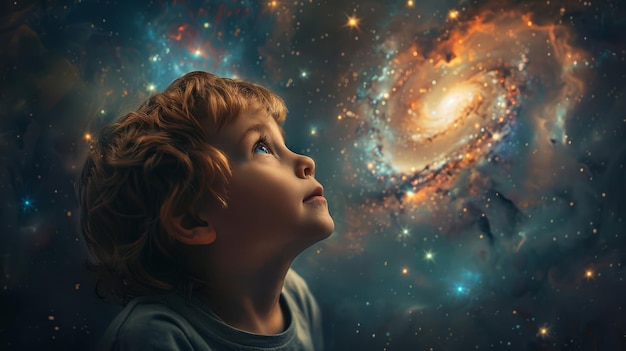 a boy looking up at a galaxy with a blue background with stars and galaxy in the background