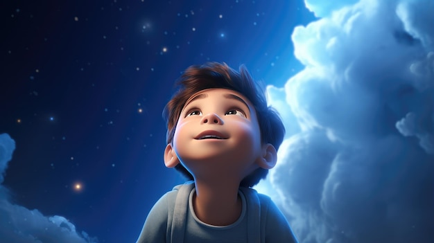 a boy looking up at the sky with clouds in the background.