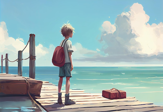 Boy looking and waiting the boat in the sea against sky Generate Ai