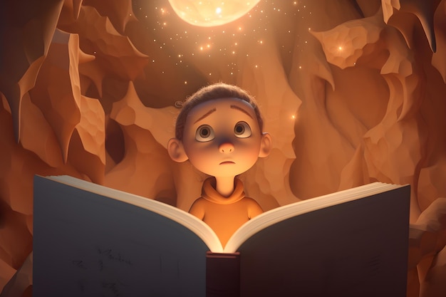 A boy looks at a book with the moon on it.