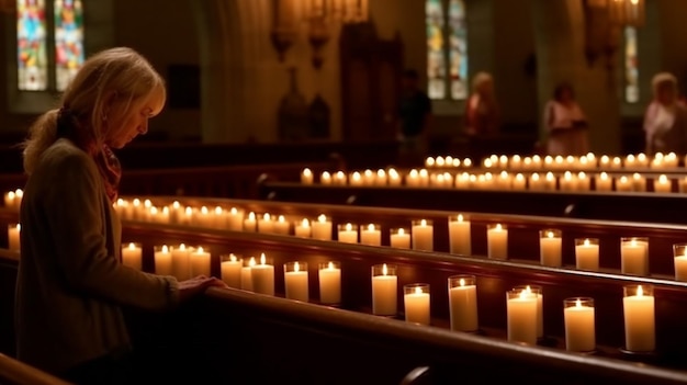 A boy looks at candles in a church.