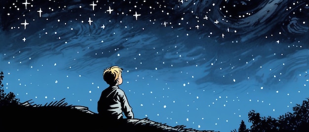 The boy looks at the night sky full of stars Concept of hope Generative AI