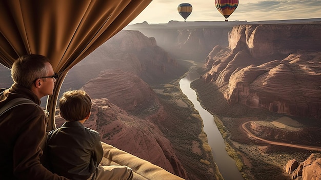 A boy looks out over a canyon with a view of the grand canyon in the background.