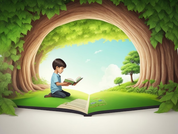 A boy lost in the world of books sitting atop a tree surrounded by nature's beauty