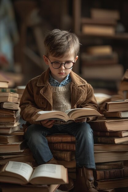 a boy in the midst of a pile of books reading one