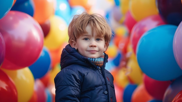 A boy in a navy blue jacket on backdrop of colorful balloons