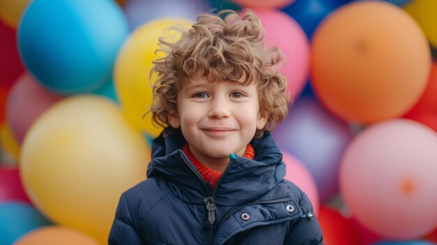 A boy in a navy blue jacket on backdrop of colorful balloons