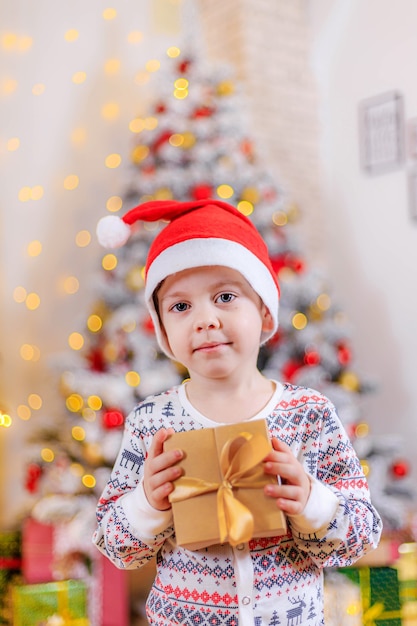 Boy near Christmas tree with a gift box