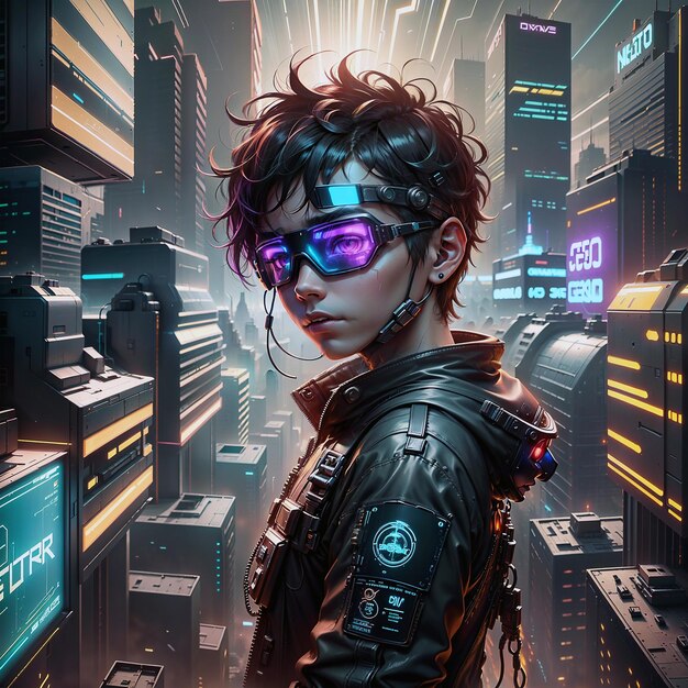 Photo a boy in a neonlit cyberpunk cityscape