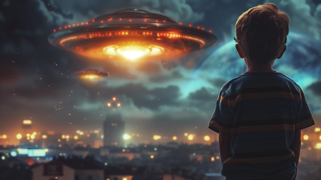 Boy Observes Alien Invasion from Back View