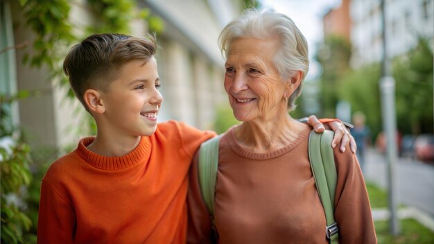 Photo a boy and an older woman are smiling and smiling