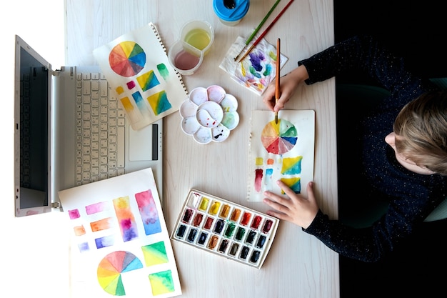 Boy painting pictures with watercolor paints during art lesson