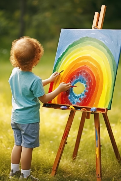 Boy painting a rainbow on a canvas