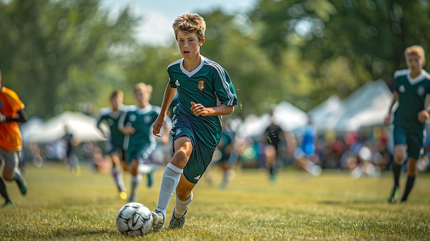 Photo boy participating youth soccer tournament dribbling ball skillfully past defenders to score a goal