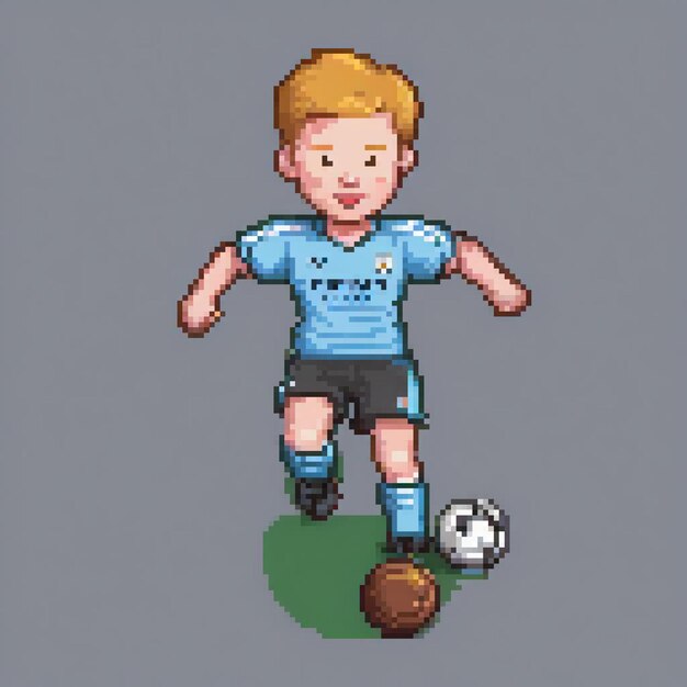 Photo boy in pixel art kicking soccer ball on grassy field