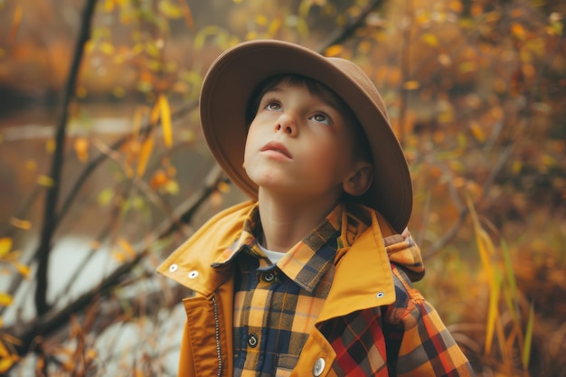 A boy in a plaid shirt and widebrimmed hat gazes upward surrounded by an autumn forest capturing a moment of wonder and contemplation in nature