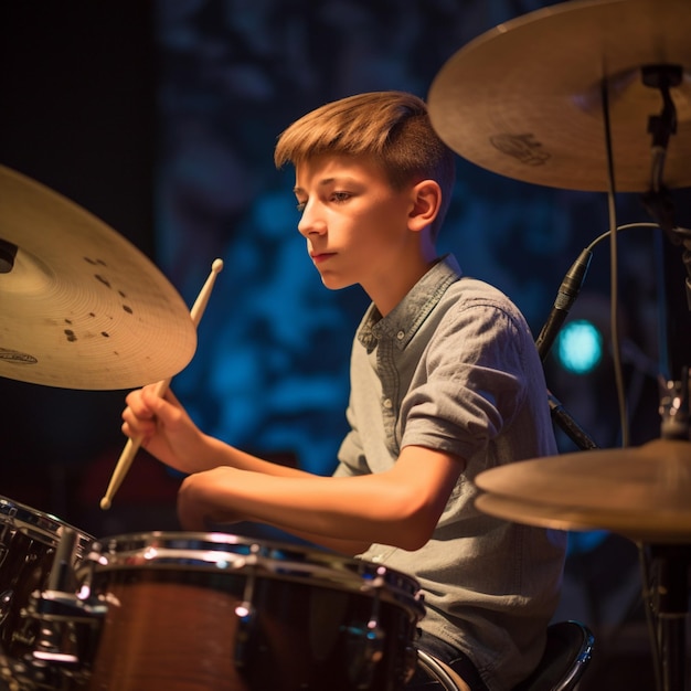 A boy playing drums with the word " s " on the front.