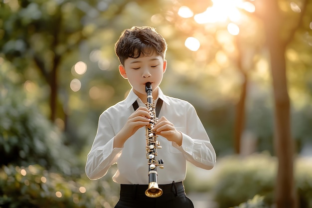 Photo a boy playing a flute in the sun with the sun behind him