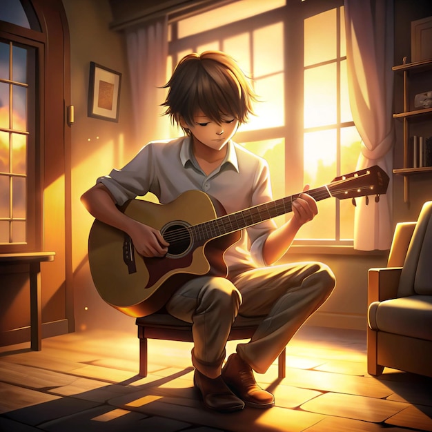 a boy playing guitar in a room with a window in the background