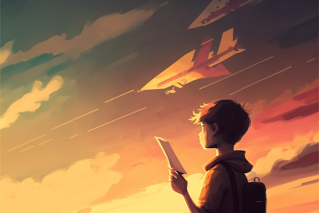 Boy playing near airplanes The boy plays paper airplanes and looking at planes flying in the sunset sky Digital art style illustration painting