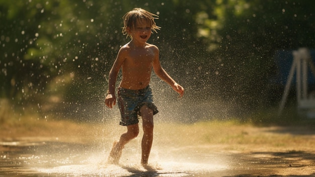 A boy playing in a puddle of water