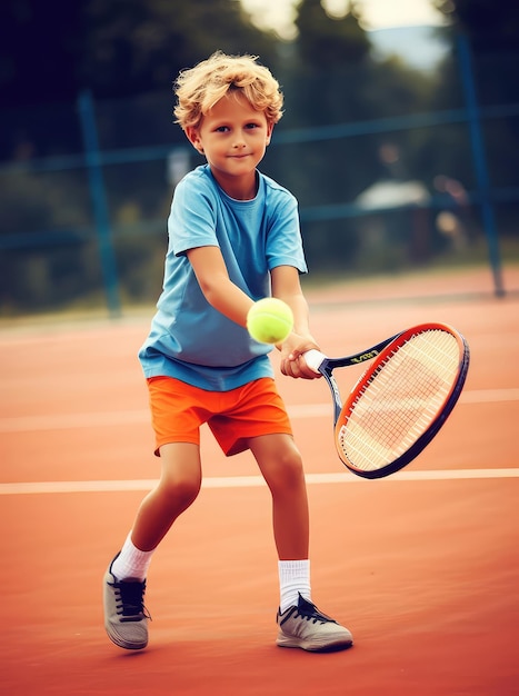 Boy playing tennis on the court