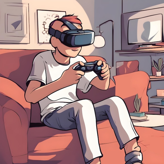 A boy playing VR game in his room VR concept Future of gaming