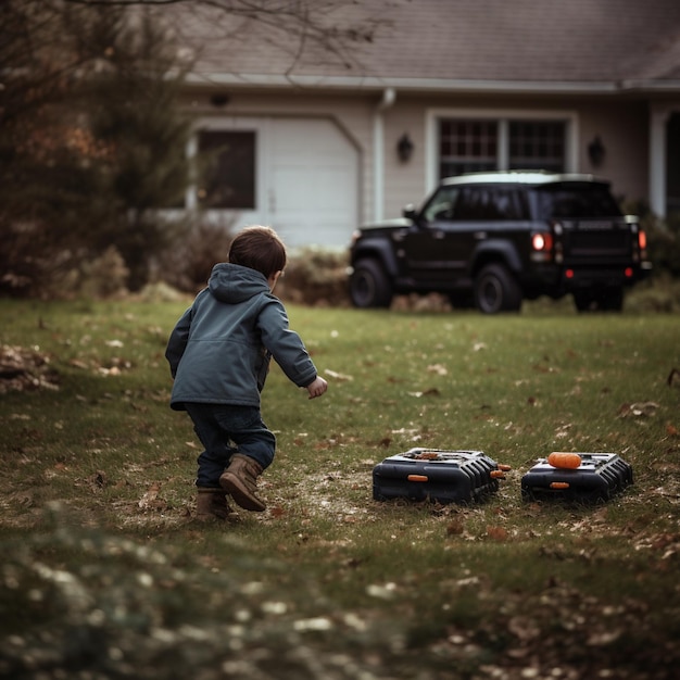 A boy playing with a car in front of a house with a truck in the background.