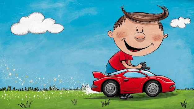 a boy playing with a red car that has a bird on the front