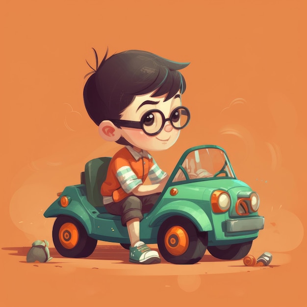 Boy playing with toy car cartoon illustration with generative ai