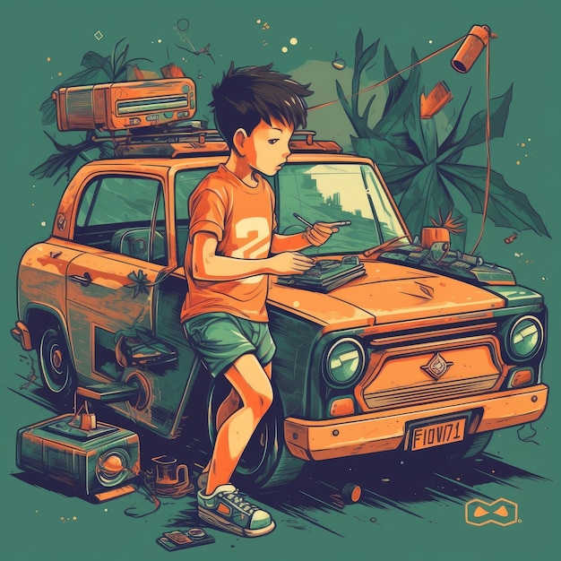 Boy playing with toy car cartoon illustration with generative ai