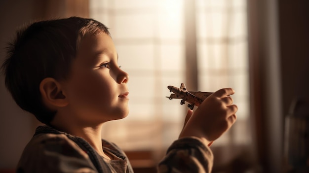 A boy playing with a toy plane