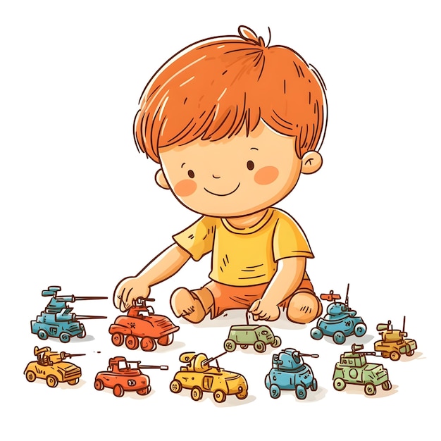 Boy Playing with Toy Soldiers in Colorful Cartoon