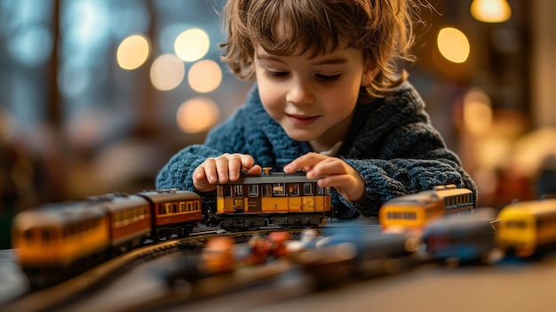 Boy Playing with Toy Train Set Indoor Kid s Room Childhood Fun Imagination