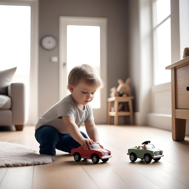 Photo a boy playing with a toy truck and toy cars