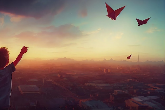 The boy plays paper airplanes and looking at planes flying in the sunset sky Concept art Digital painting Fantasy illustration