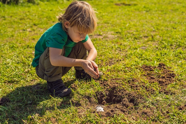 The boy plays recycling He buries plastic disposable dishes and biodegradable dishes